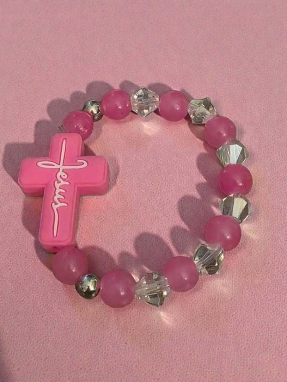 Handmade Pink Jesus Cross Beaded Stretch Bracelet
